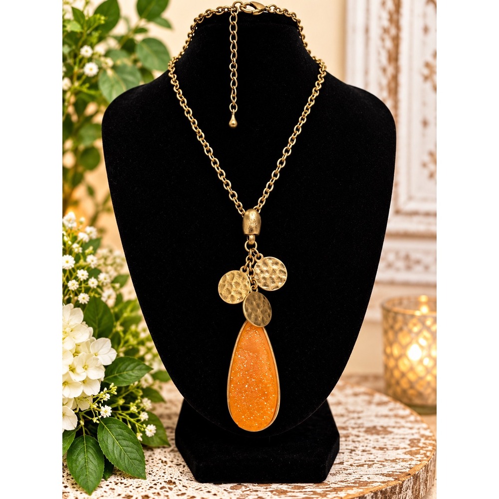 JK by Thirty-One Orange Teardrop Druzy Pendant Necklace Hammered Gold Tone Boho